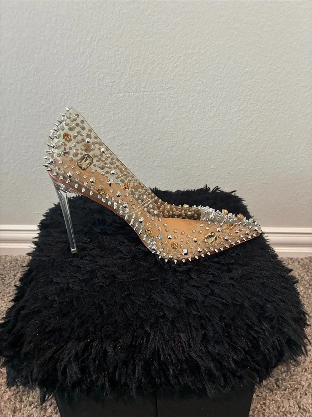 AKIRA Clear Pointed Stiletto Pump with Silver Studs